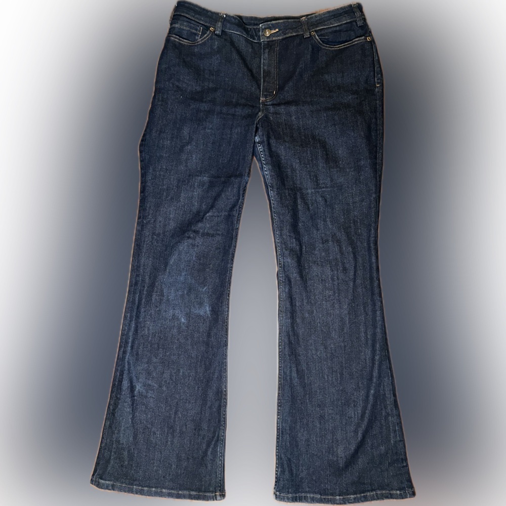 Duluth Trading Co Double Flex Fence Mender Dark Wash Flare Leg Work Jeans 16L